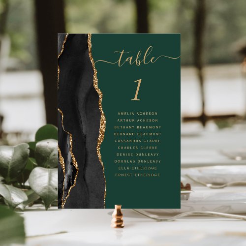Black Gold Agate Emerald Green Wedding Table Number