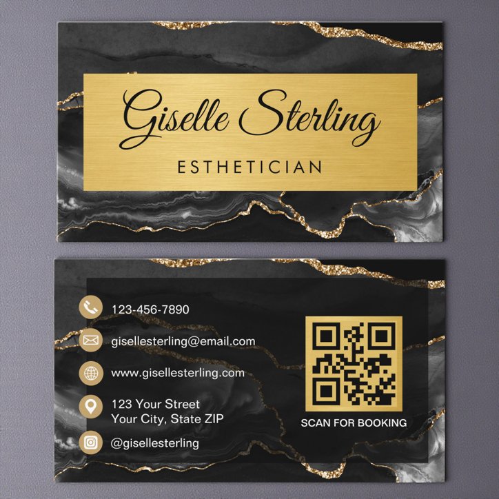 Black Gold Agate Esthetician Glitter QR Code Business Card