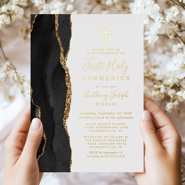 Black Gold Agate First Holy Communion Foil Invitation (Creator Uploaded)
