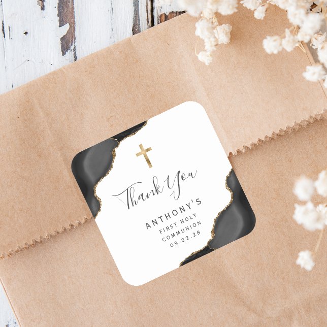 Black Gold Agate First Holy Communion Thank You Square Sticker (Creator Uploaded)