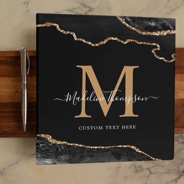 Black Gold Agate Geode Elegant Script Monogram 3 Ring Binder (Creator Uploaded)