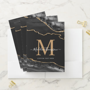 Black Gold Agate Geode Elegant Script Monogram Pocket Folder