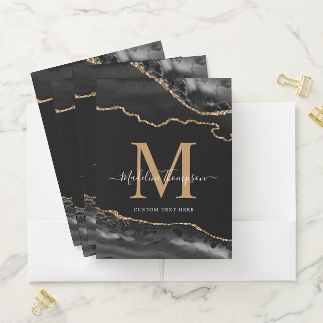 Black Gold Agate Geode Elegant Script Monogram Pocket Folder (In Situ)