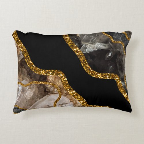 Black  Gold Agate Geode Glitter  Accent Pillow