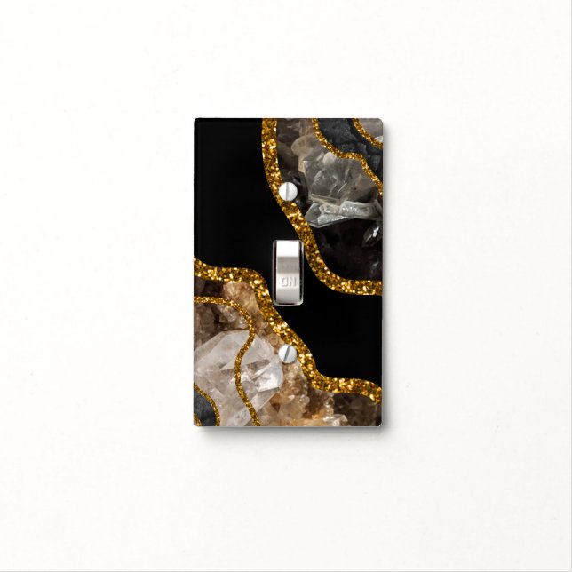 Black & Gold Agate Geode Glitter Light Switch Cover (In Situ)