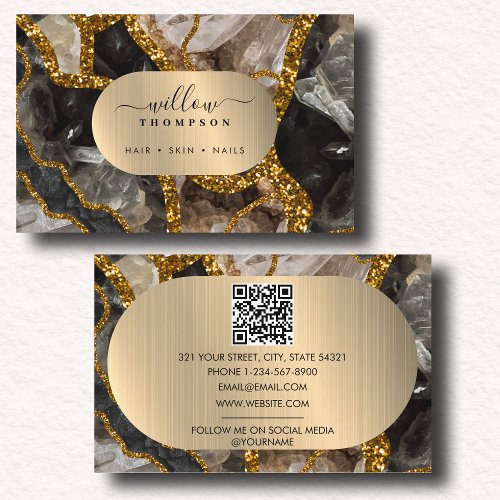 Black  Gold Agate Geode Glitter Marble QR Code Business Card