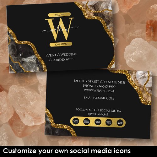 Black Gold Agate Geode Glitter Marble Social Media Business Card