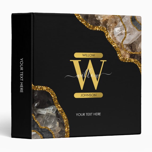 Black & Gold Agate Geode Glitter Monogram 3 Ring Binder (Front/Spine)