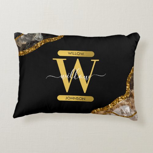 Black  Gold Agate Geode Glitter Monogram Accent Pillow