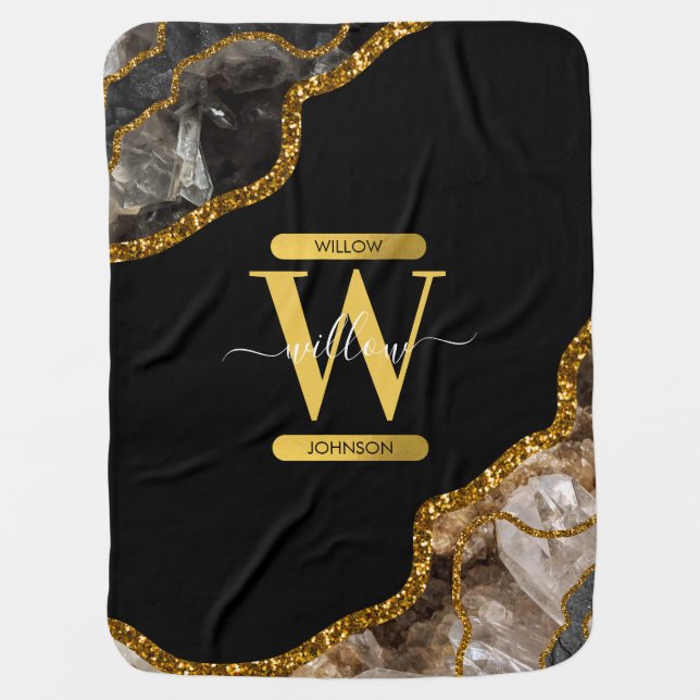 Black & Gold Agate Geode Glitter Monogram Baby Blanket (Front)