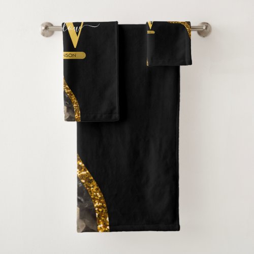 Black  Gold Agate Geode Glitter Monogram   Bath Towel Set