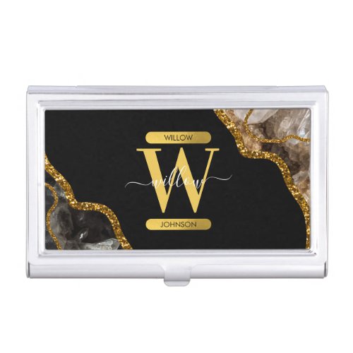 Black  Gold Agate Geode Glitter Monogram Business Card Case