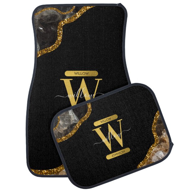 Black & Gold Agate Geode Glitter Monogram Car Floor Mat (Set)