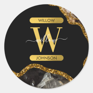 Black & Gold Agate Geode Glitter Monogram Classic Round Sticker