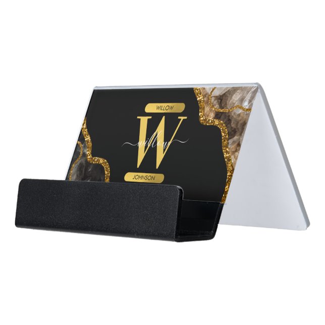 Black & Gold Agate Geode Glitter Monogram Desk Business Card Holder (Angled Front)