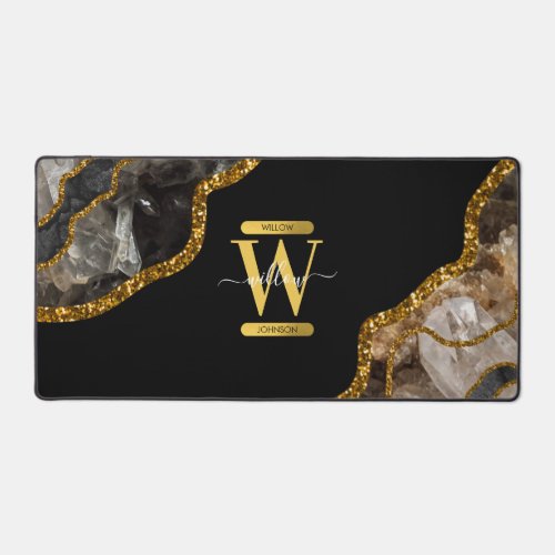 Black  Gold Agate Geode Glitter Monogram Desk Mat