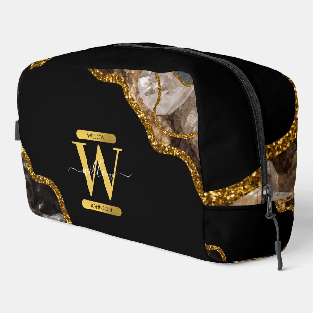 Black & Gold Agate Geode Glitter Monogram Dopp Kit (Right Corner)