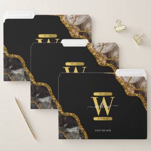 Black & Gold Agate Geode Glitter Monogram File Folder