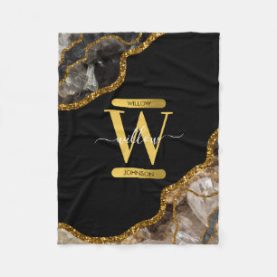 Black & Gold Agate Geode Glitter Monogram Fleece Blanket