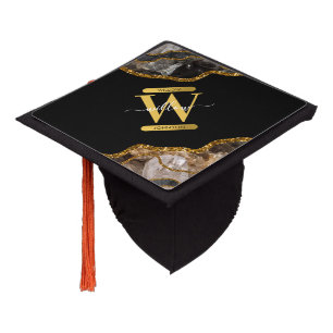 Black & Gold Agate Geode Glitter Monogram Graduation Cap Topper