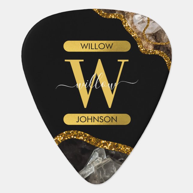 Black & Gold Agate Geode Glitter Monogram Guitar Pick (Front)