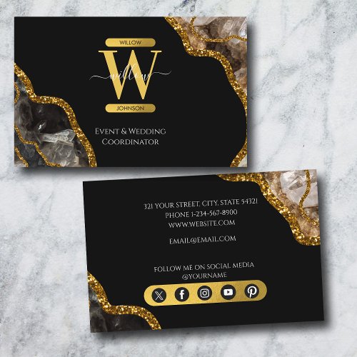 Black  Gold Agate Geode Glitter Monogram Marble Business Card