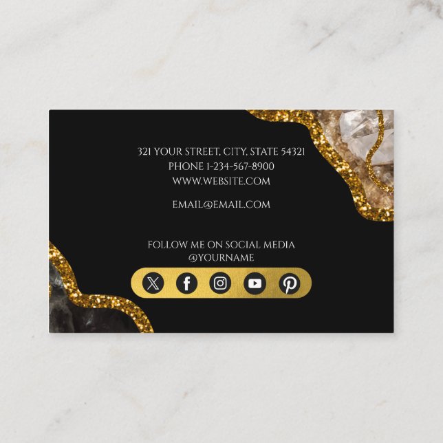 Black & Gold Agate Geode Glitter Monogram Marble Business Card (Back)