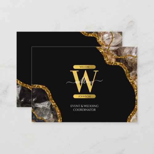 Black  Gold Agate Geode Glitter Monogram Marble  Business Card