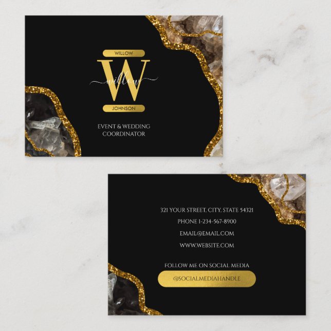 Black & Gold Agate Geode Glitter Monogram Marble  Business Card (Front/Back)