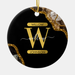 Black & Gold Agate Geode Glitter Monogram Marble Ceramic Ornament