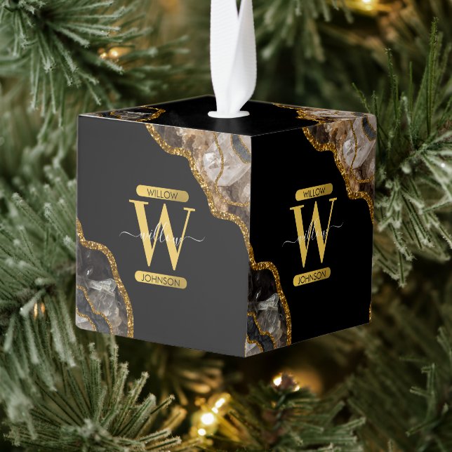 Black & Gold Agate Geode Glitter Monogram Marble Cube Ornament (Tree)