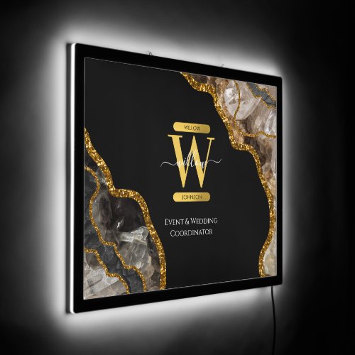 Black  Gold Agate Geode Glitter Monogram Marble LED Sign