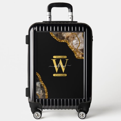 Black  Gold Agate Geode Glitter Monogram Marble Luggage