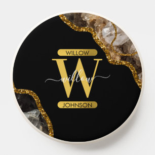 Black & Gold Agate Geode Glitter Monogram Marble PopSocket