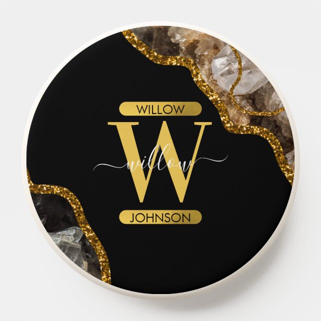 Black & Gold Agate Geode Glitter Monogram Marble PopSocket (Popsocket)