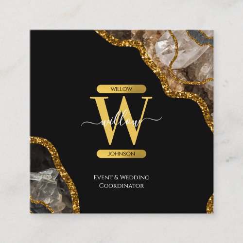 Black  Gold Agate Geode Glitter Monogram Marble Square Business Card