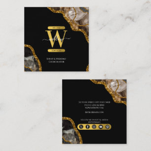 Black & Gold Agate Geode Glitter Monogram Marble Square Business Card