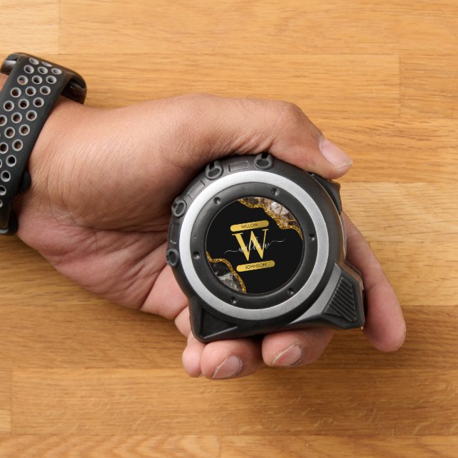 Black & Gold Agate Geode Glitter Monogram Marble Tape Measure (Home)