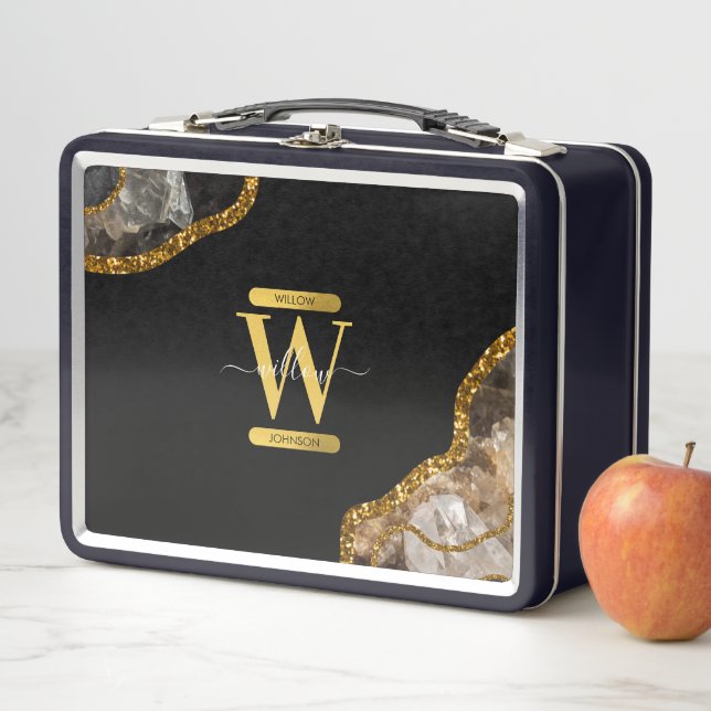 Black & Gold Agate Geode Glitter Monogram Metal Lunch Box (In Situ)