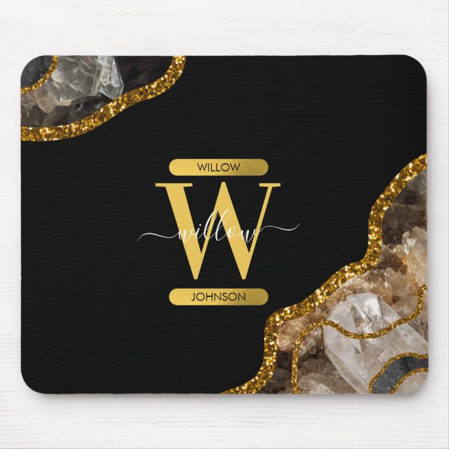 Black & Gold Agate Geode Glitter Monogram Mouse Pad (Front)