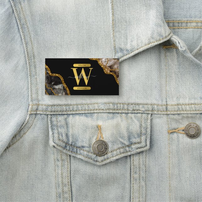 Black & Gold Agate Geode Glitter Monogram   Name Tag (In Situ)