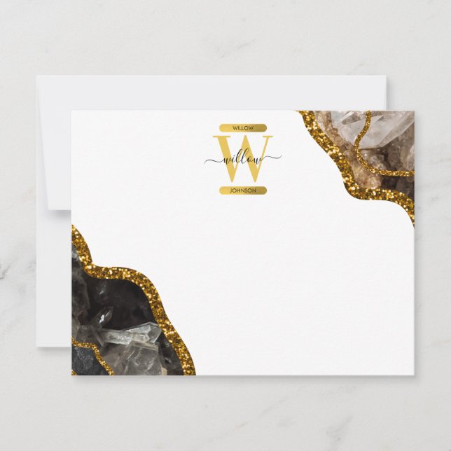 Black & Gold Agate Geode Glitter Monogram Note Card (Front)