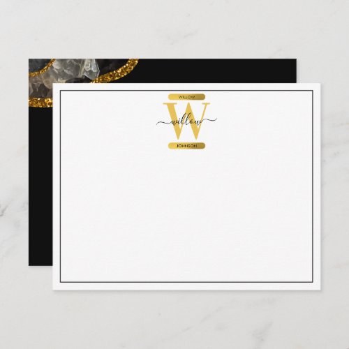 Black  Gold Agate Geode Glitter Monogram Note Card