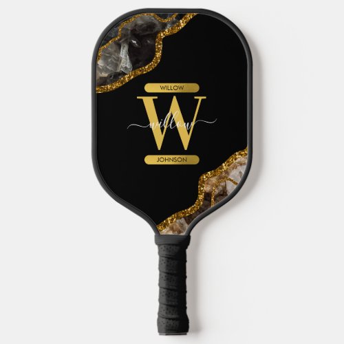 Black  Gold Agate Geode Glitter Monogram Pickleball Paddle