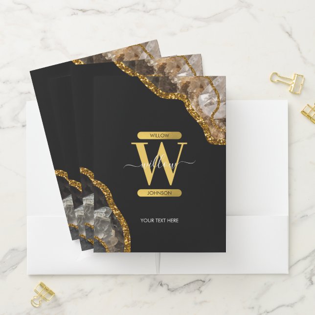Black & Gold Agate Geode Glitter Monogram Pocket Folder (In Situ)