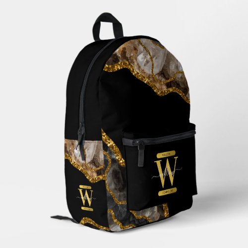 Black  Gold Agate Geode Glitter Monogram Printed Backpack