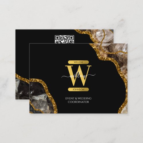 Black Gold Agate Geode Glitter Monogram QR Code Business Card