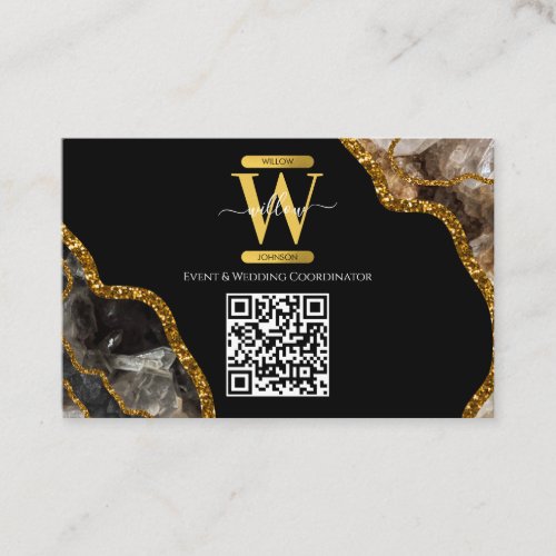 Black  Gold Agate Geode Glitter Monogram QR Code  Business Card