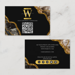 Black & Gold Agate Geode Glitter Monogram QR Code Business Card