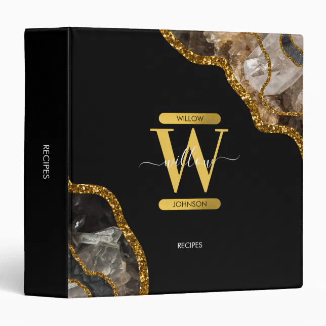 Black & Gold Agate Geode Glitter Monogram Recipes 3 Ring Binder | Zazzle